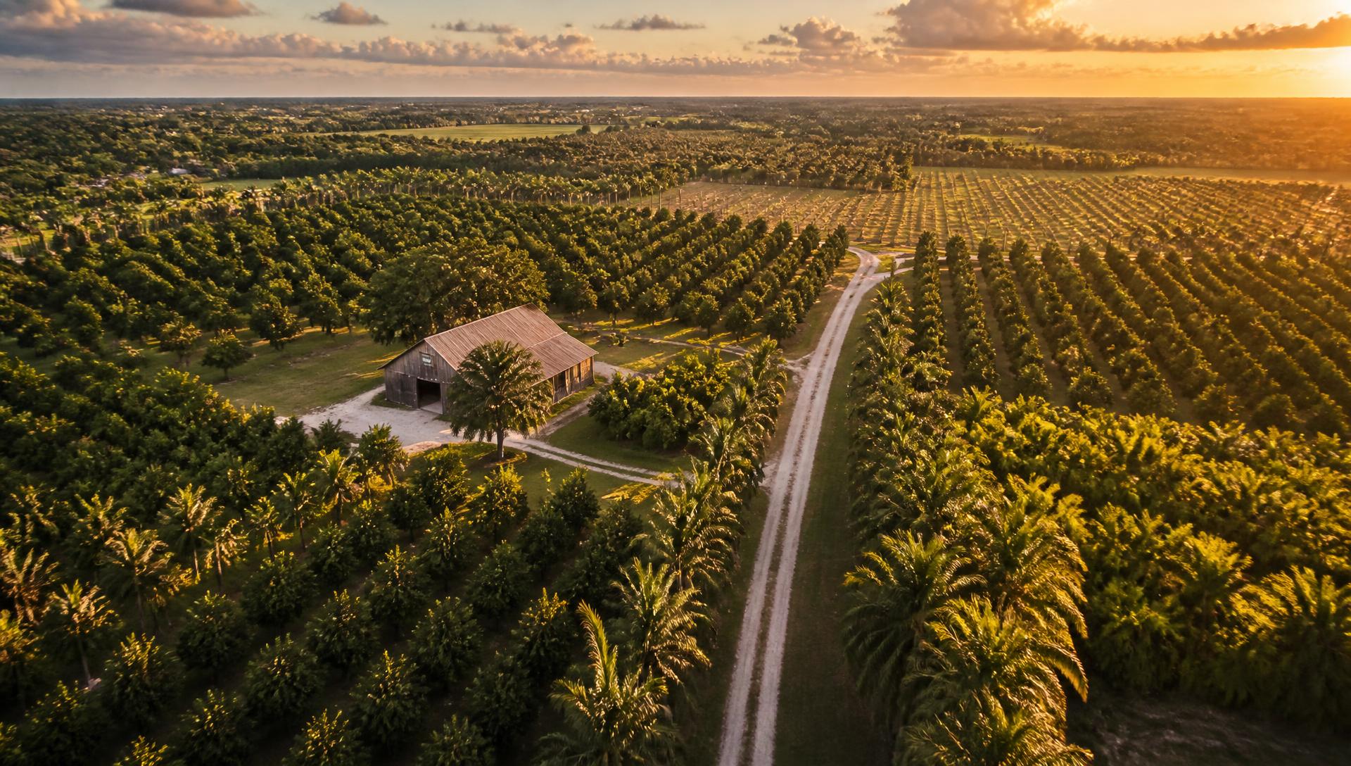 Aerial view of tropical fruit groves, a barn and a long private driveway on agricultural acreage in the Redland area of South Miami-Dade