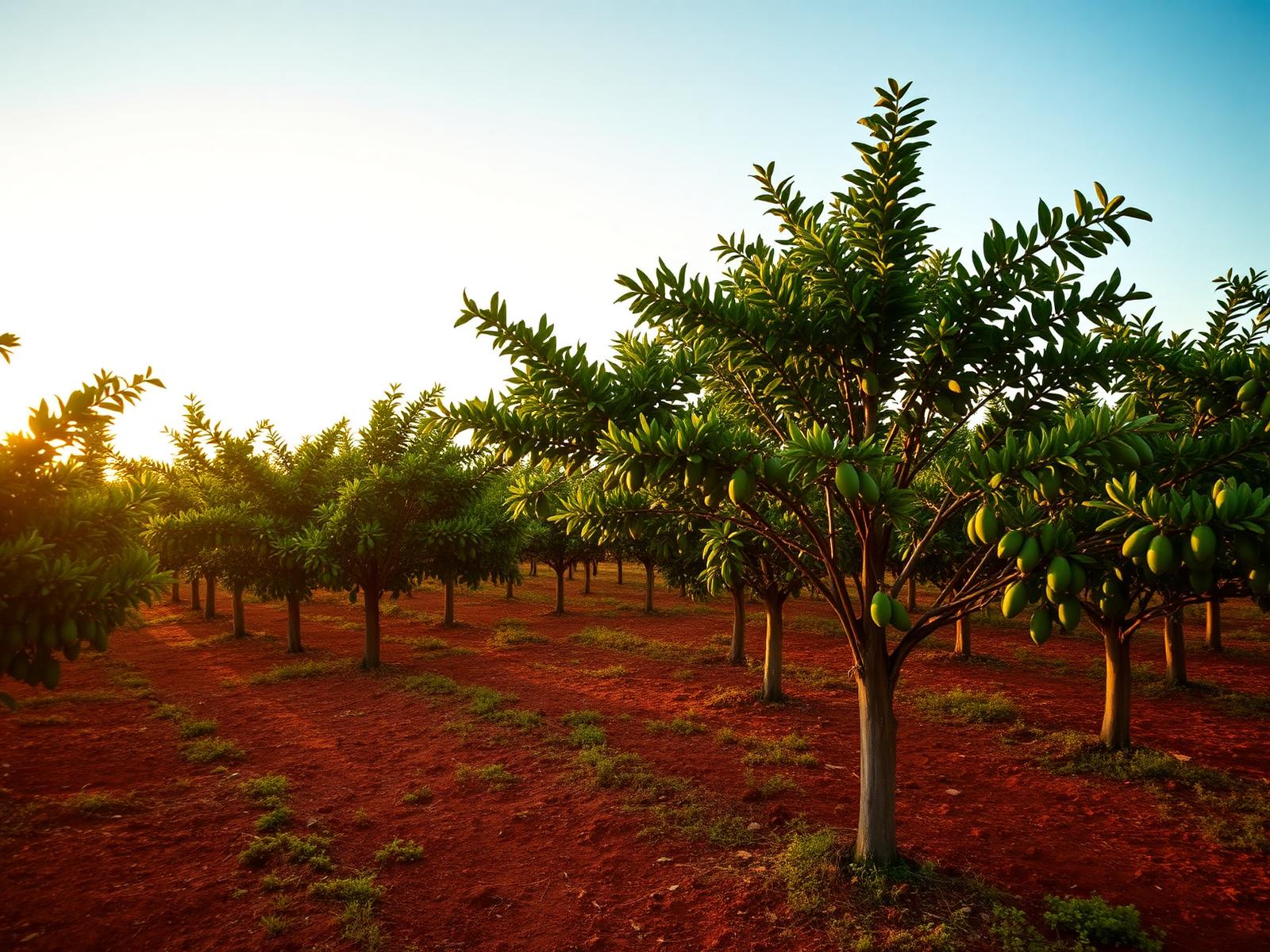 Rows of mature mango and avocado trees in red soil at golden hour